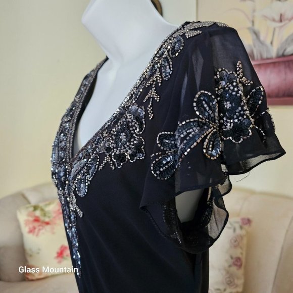 SOLD - JKara Cocktail Dress With Silver Beading Hanky Hem & Flutter Sleeves - Picture 5 of 10